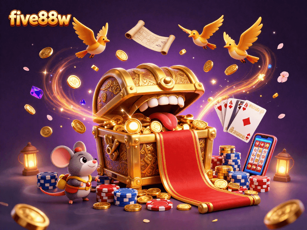 Experience the excitement of five88w with dynamic casino elements in a rich illustration.