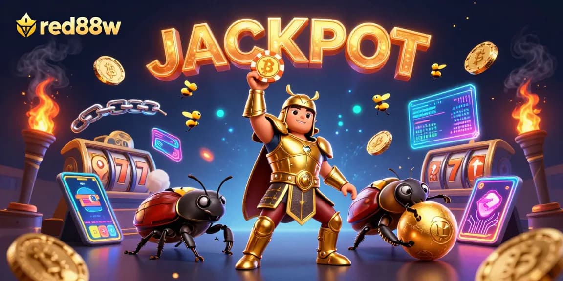 Win with exciting red88w casino slots in a vibrant 3D scene featuring beetles and jackpots.