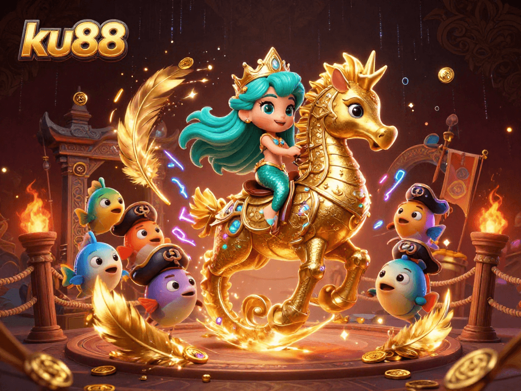 Engage in thrilling games at ku88 with a mermaid princess riding a seahorse, amidst vibrant casino elements.
