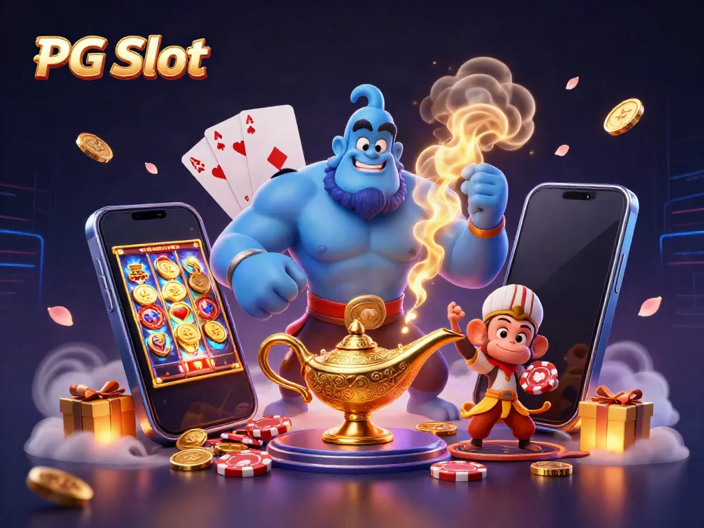 Menangkan permainan PG Slot dengan slot yang memukau dan chip poker berkilau di atas karpet ajaib.