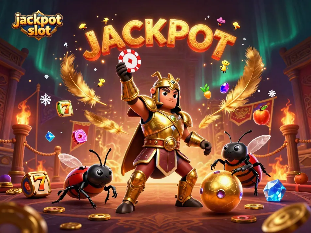 Experience the excitement of jackpot slots with a victorious beetle lifting a poker chip amidst colorful slots and vibrant effects.