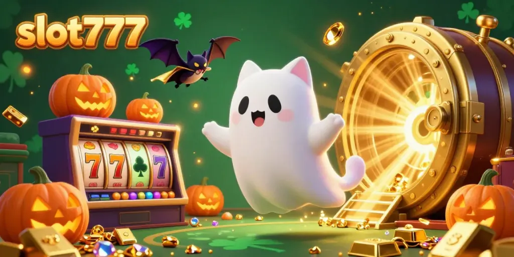 Engage with slot777 in a vibrant casino scene featuring a floating ghost cat and treasures.