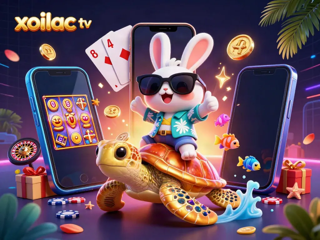 Xoilac TV presents a vibrant rabbit and turtle scene illustrating online gambling excitement with dynamic game elements.