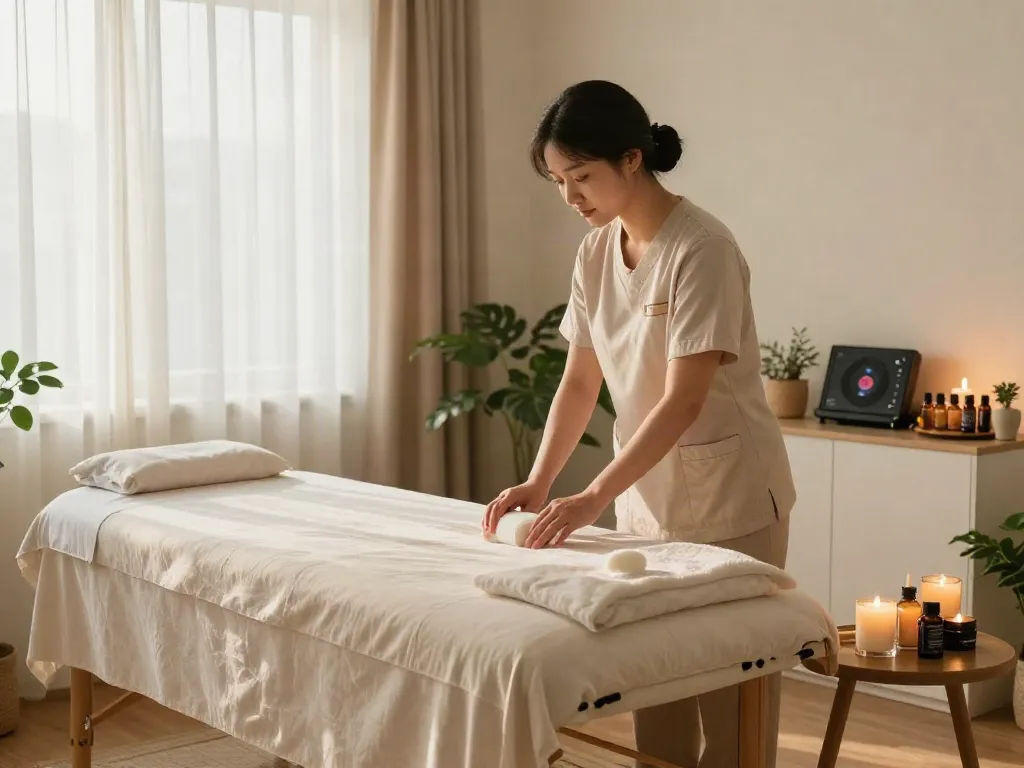 Engaging 양천구출장마사지 scene with a professional masseuse preparing a tranquil home setting for relaxation.