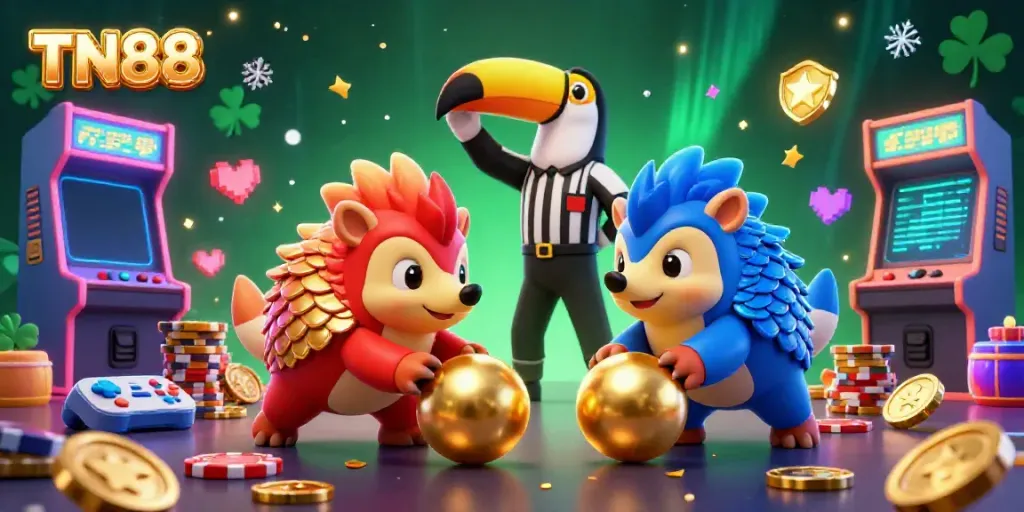 Experience thrilling gaming excitement at TN88 with pangolins bowling through poker chips in a vibrant casino scene.