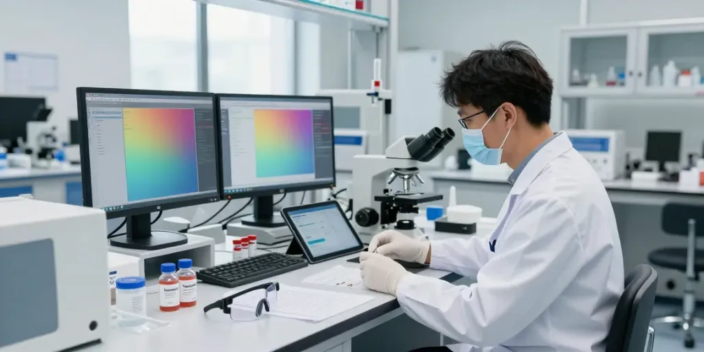 Researcher examining tesamorelin samples in a professional lab setting for discounts and offers.