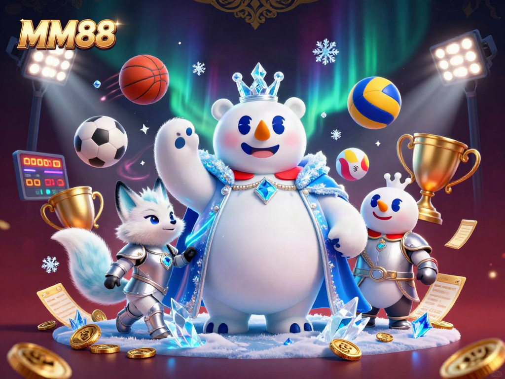 Engage with MM88's lively scene featuring a polar bear king and snow fox amid sports elements.