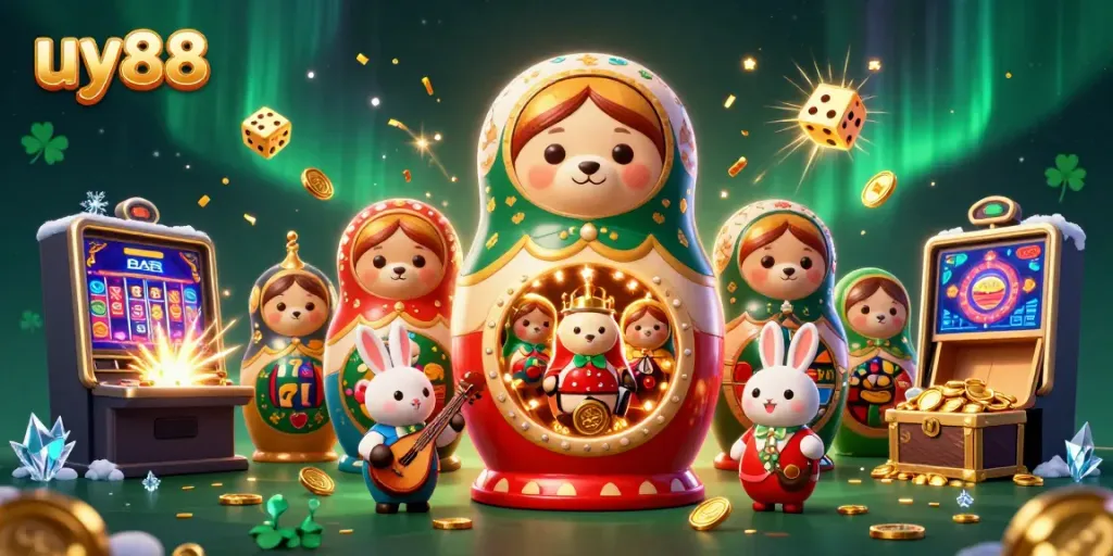 Experience the thrill of uy88 gaming with a cartoon Matryoshka bear surrounded by dazzling slot machines and festive elements.