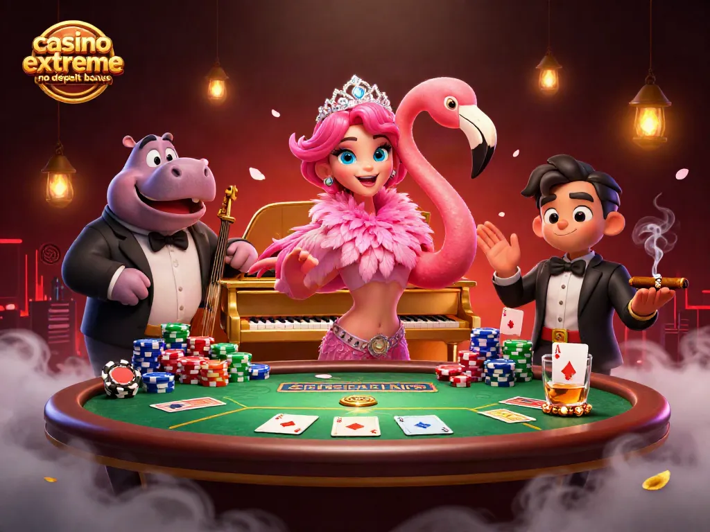 Engage with casino extreme no deposit bonus offers and vibrant gaming scenes featuring a flamingo and hippo musicians.