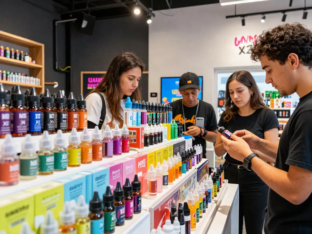 Noms X2 vape juice bottles displayed in a lively vape shop, showcasing colorful flavors and vibrant atmosphere.