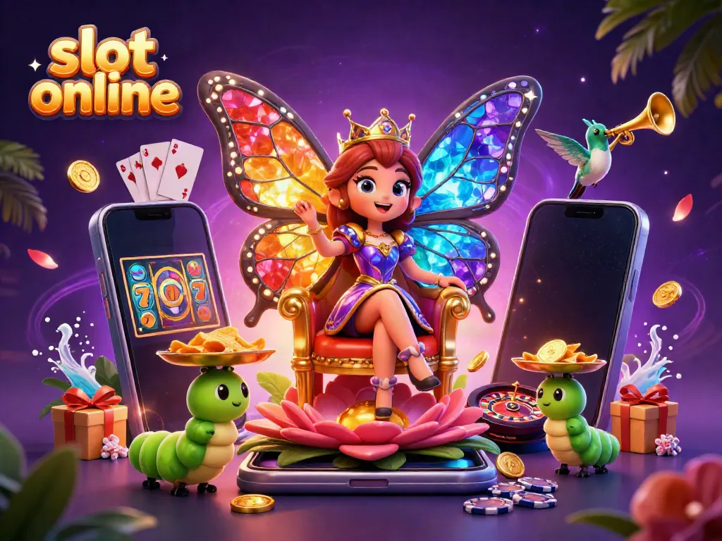 Experience the excitement of slot online with this colorful 3D scene full of lively casino elements.
