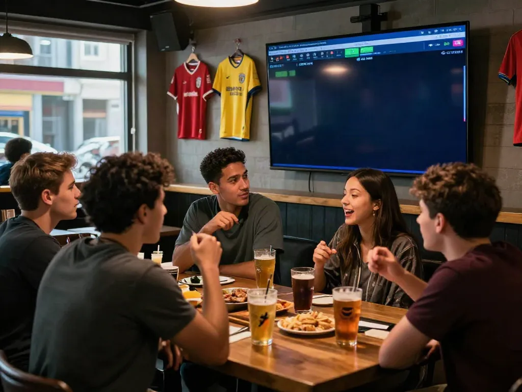 Diverse group engaging in sports betting discussion at WWBOLA in a vibrant sports bar.