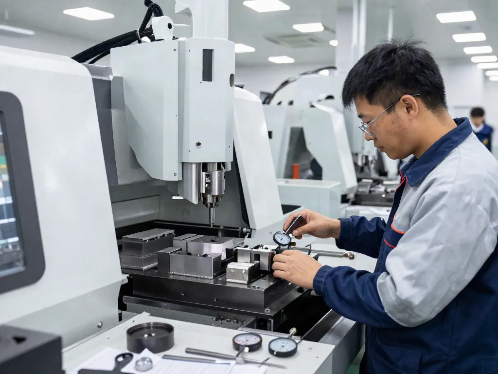 Expert technician inspecting cnc machining parts in a busy workshop.