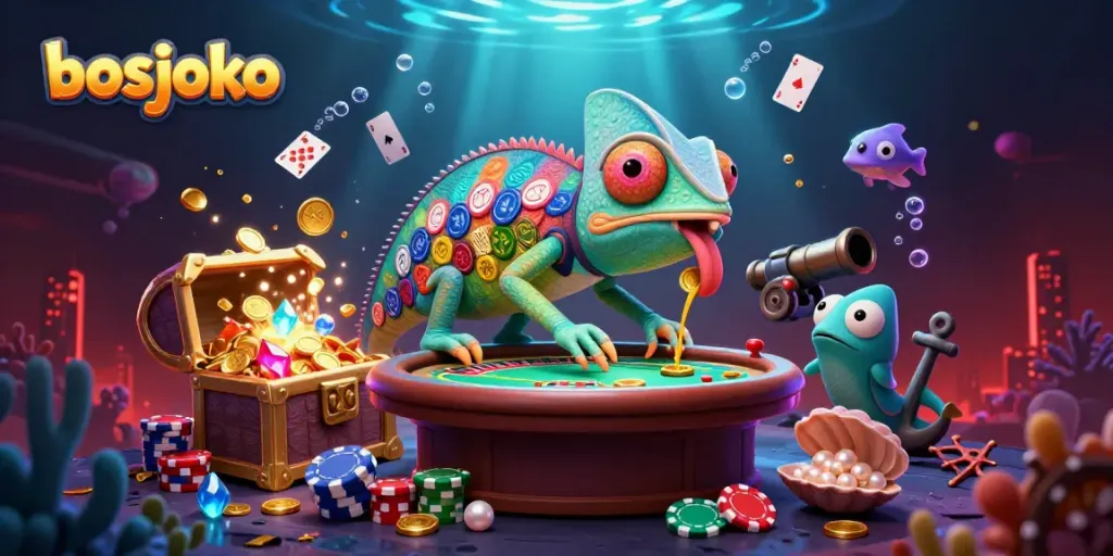Experience thrilling gameplay with bosjoko's vibrant chameleon casino owner snapping golden coins.