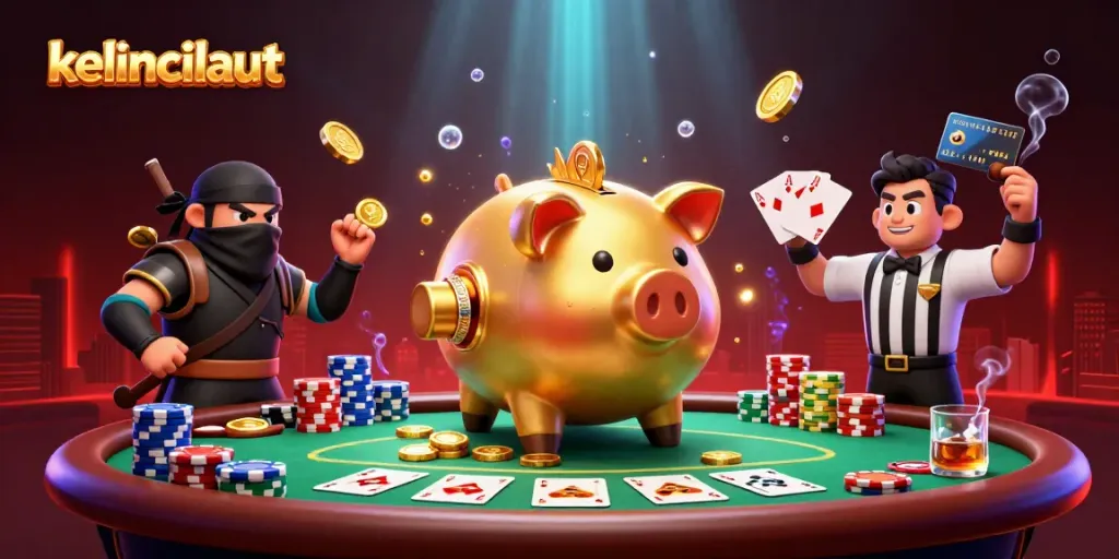 Experience high-stakes gaming action in KELINCILAUT's dynamic 3D illustration filled with vibrant casino elements.