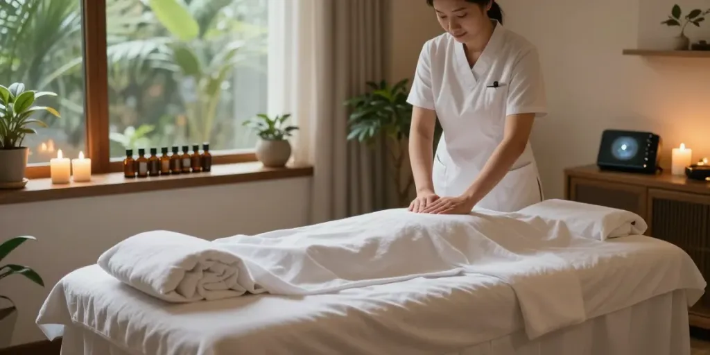 브라보출장 serene spa massage room with warm lighting and calming decor.