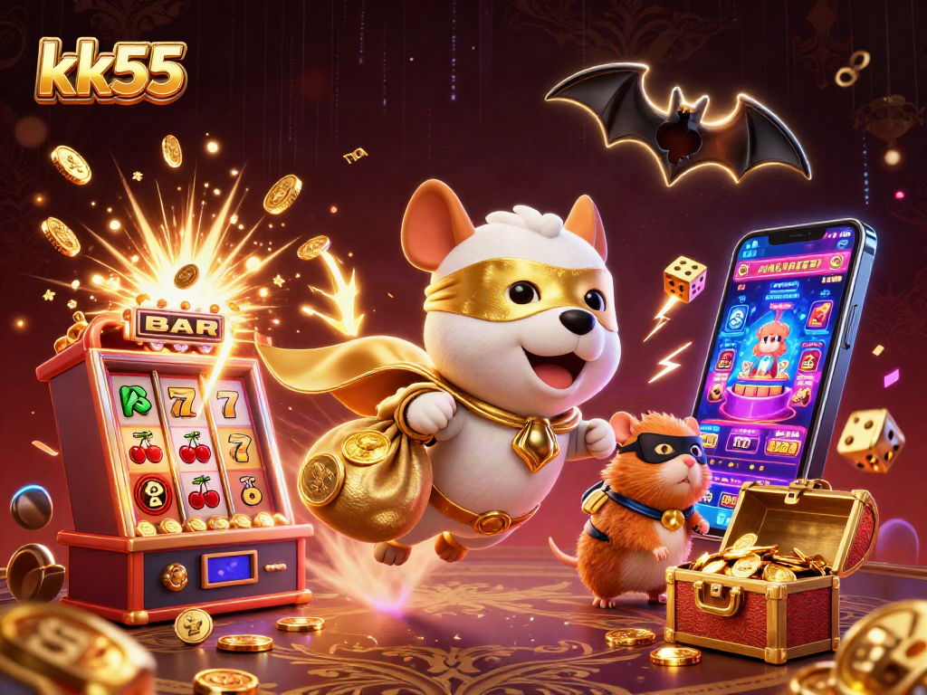 kk55 showcases a thrilling casino adventure with a superhero dog and hamster amidst a jackpot explosion.