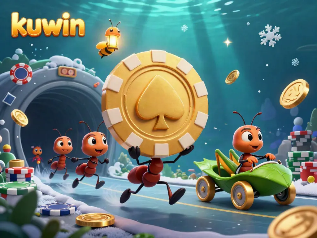 Kuwin-driven team of cartoon ants heist-style gambling scene with poker elements and vibrant casino atmosphere.
