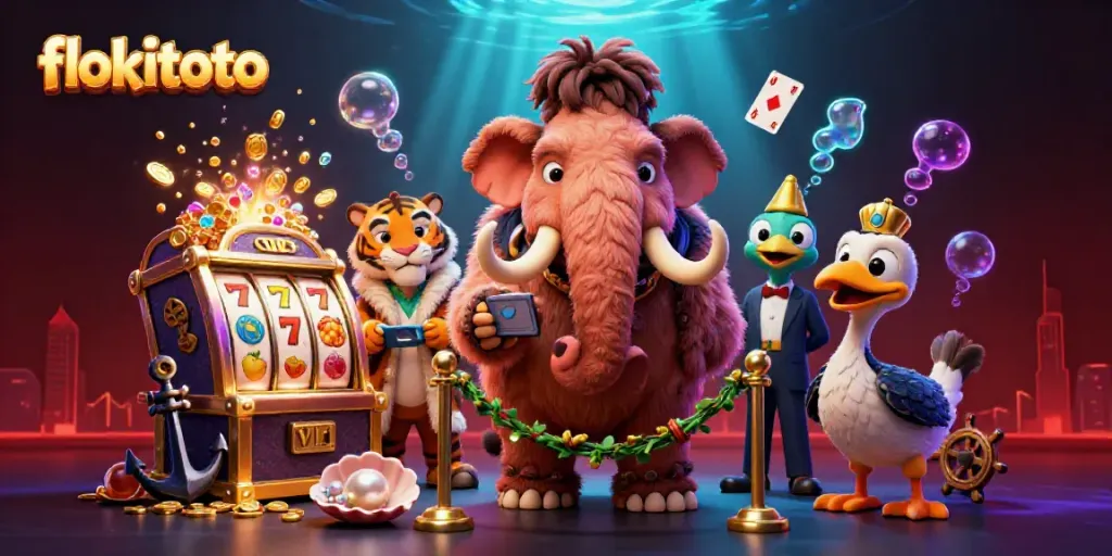 Experience the fun at flokitoto with a lively illustration of casino characters and vibrant slot machines.