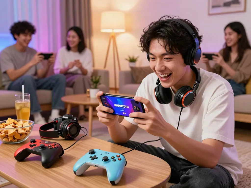 Pengalaman bermain RUSUNTOTO di ponsel dengan aksesori gaming cerah dan suasana nyaman.