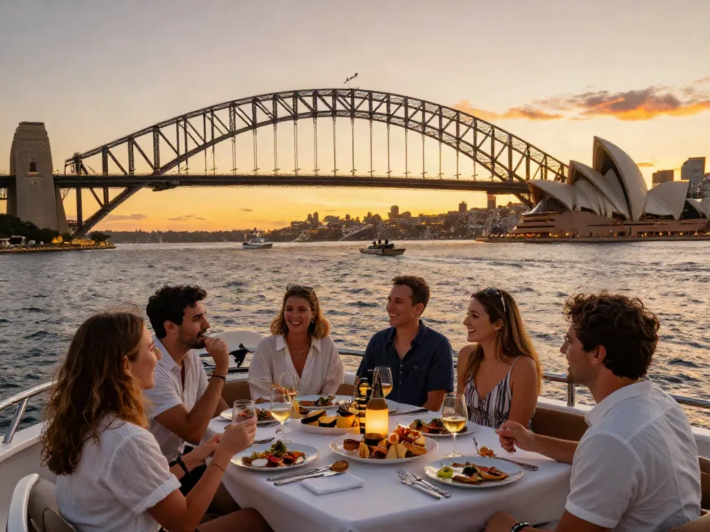 Private boat hire Sydney showcasing a luxury yacht party on Sydney Harbour during sunset.
