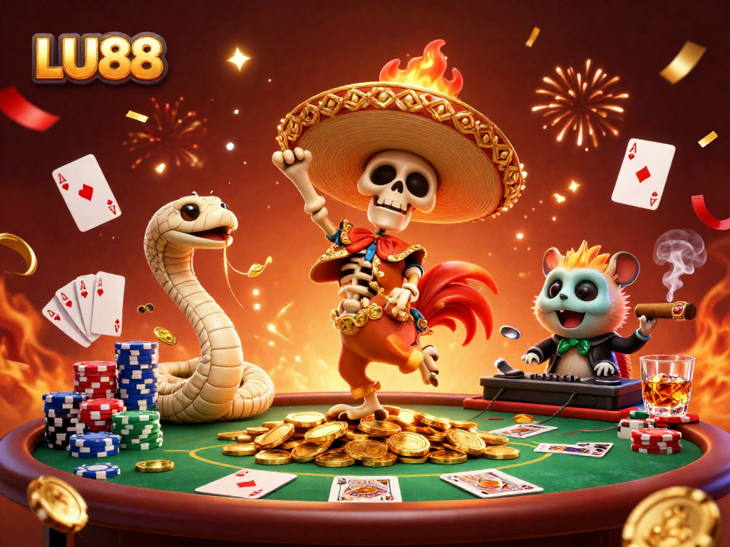 Experience thrilling LU88 victories with a vibrant 3D casino scene full of excitement and celebration.