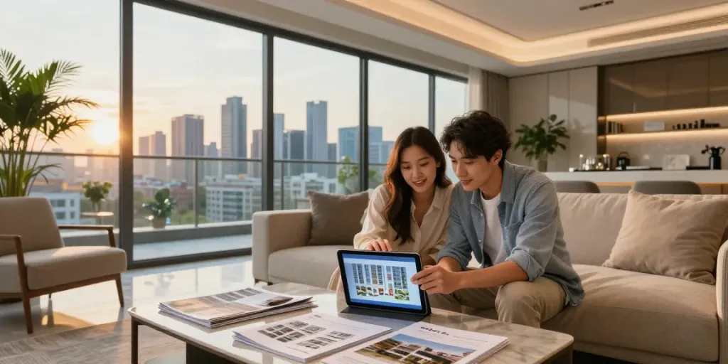 Couple exploring new launch condo layouts in a modern urban setting, reflecting aspirations for 2026.