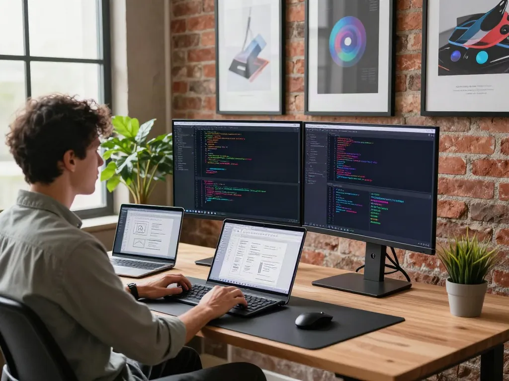 v2rayN官网 tech workspace with developer coding on monitors surrounded by modern design elements