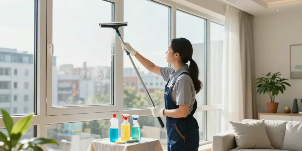 Professioneller Reinigungsservice Bochum bei der Glasreinigung in urbanem Wohnraum.