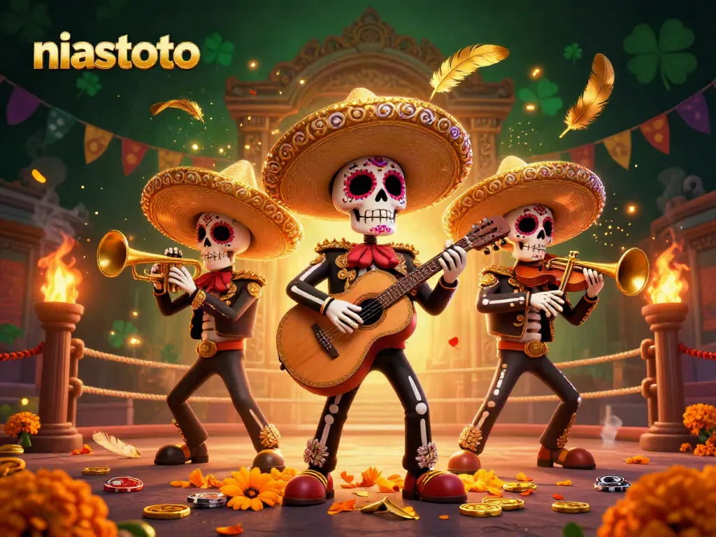 Engage in vibrant 3D mariachi-inspired casino fun with niastoto at a dynamic gaming scene featuring gold coins.