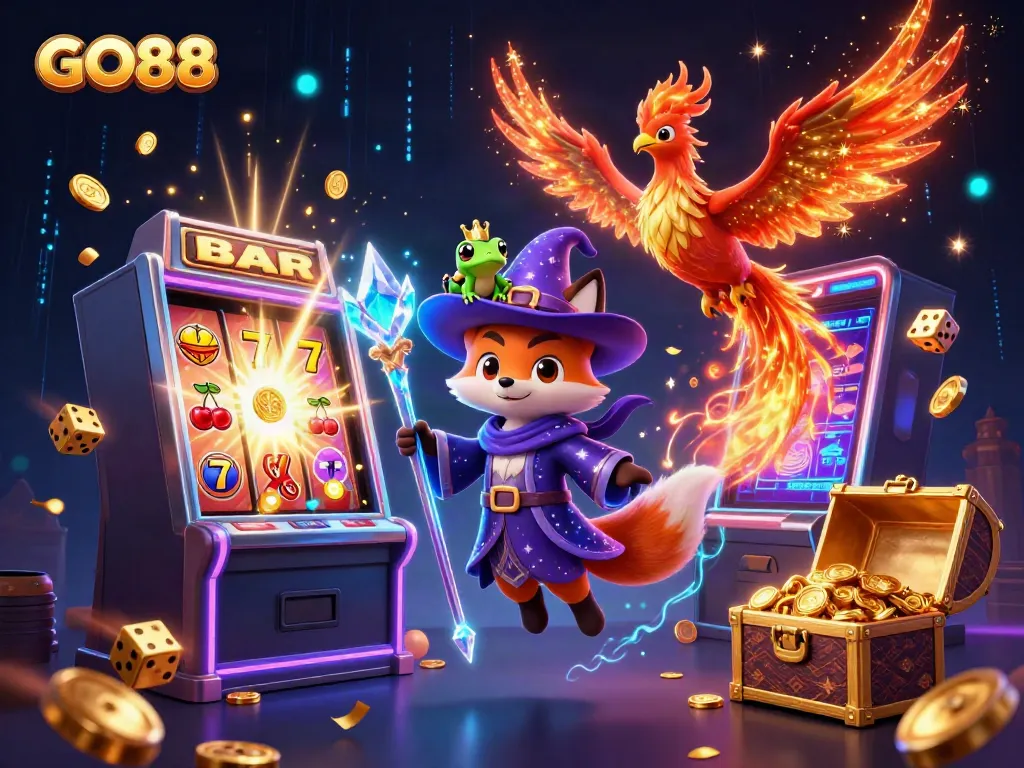 Experience thrilling gaming action at GO88 with vibrant illustrations of 3D characters and casino elements.