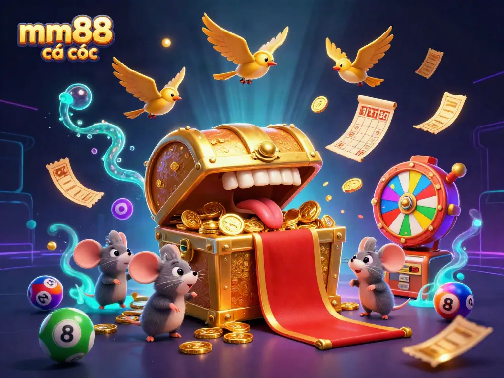 Engaging scene of mm88 cá cược with a treasure chest and lottery elements enticing players to join.