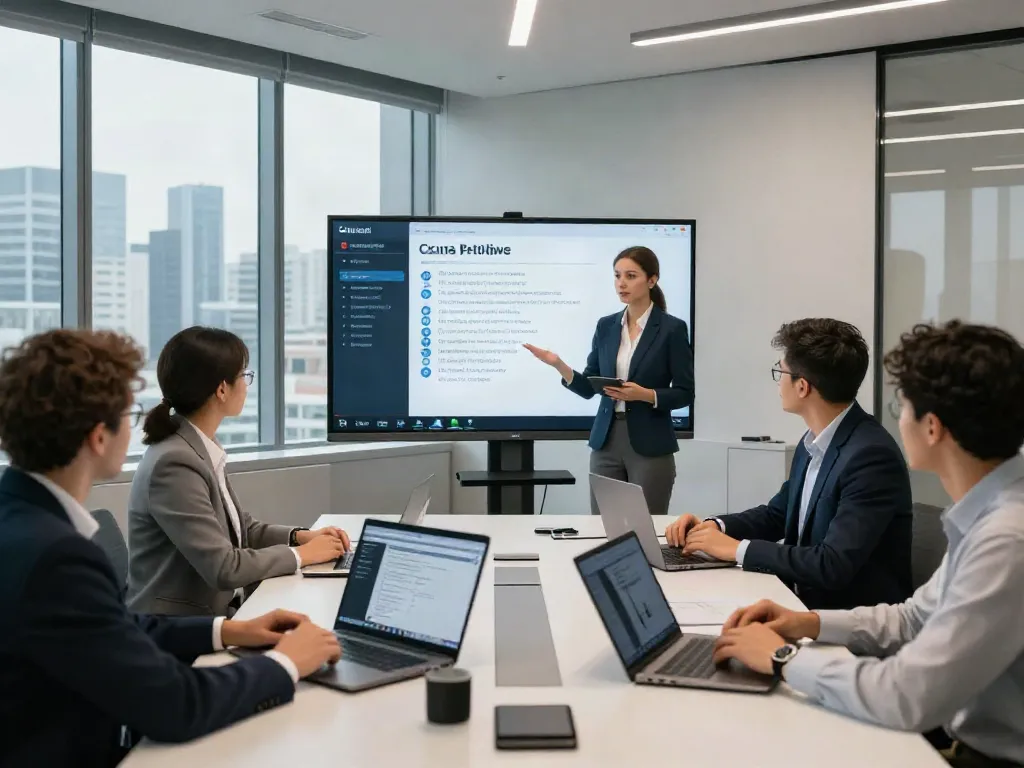 Deepfake protected meetings in a corporate setting with a team collaborating over digital security.