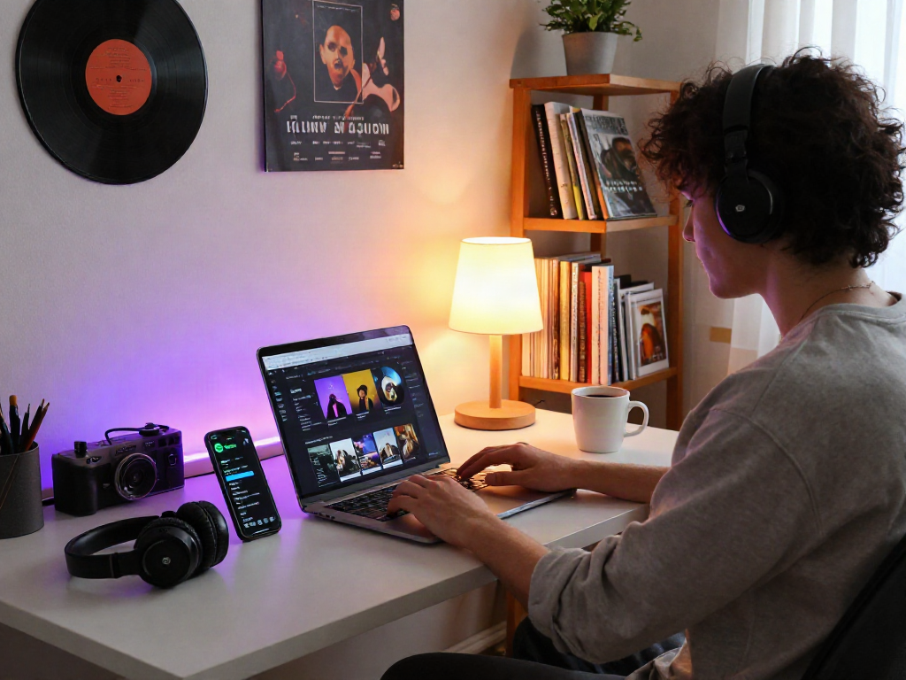 Explore Spotify mod features in a cozy workspace with laptop, headphones, and vinyl records.