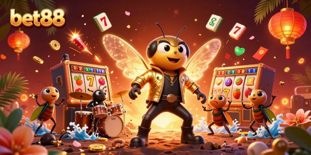 Experience bet88 slots excitement with a vibrant 3D illustration of characters and game elements.