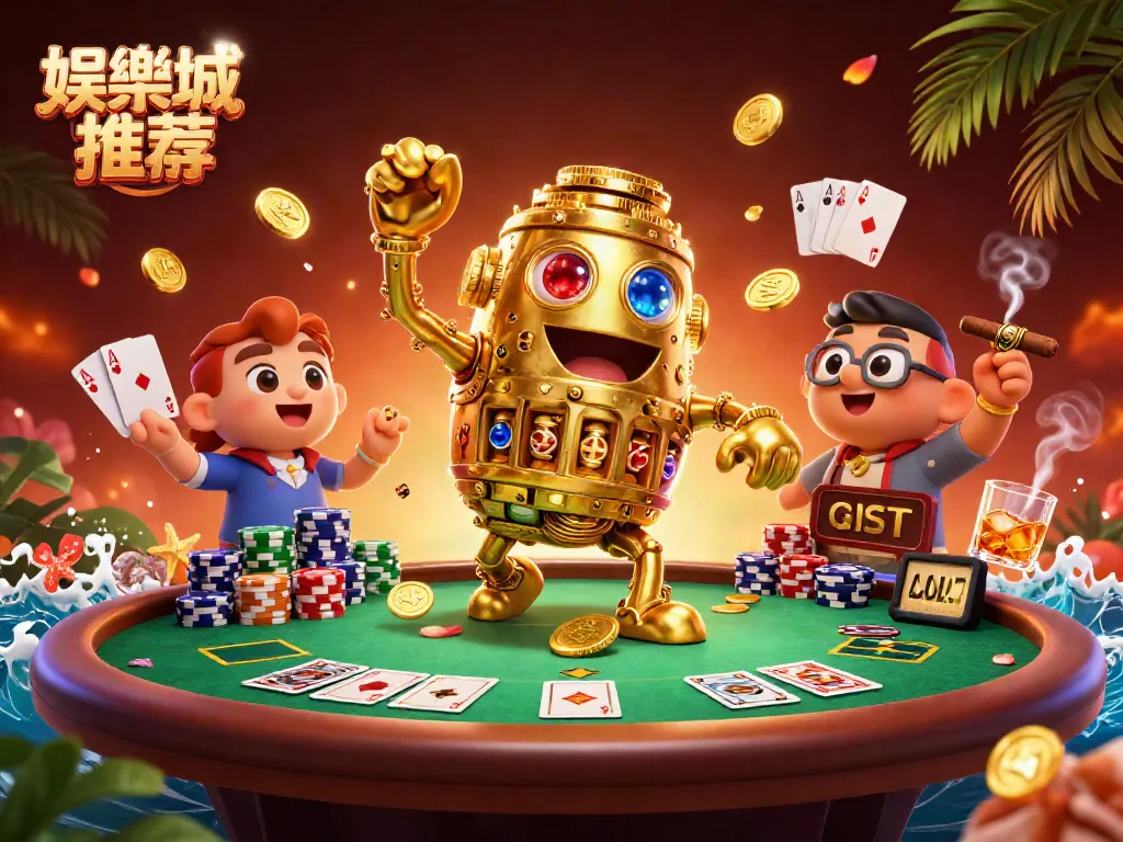 娛樂城推薦的刺激場景,古代金色守護者旁圍繞著撲克桌與色彩豐富的籌碼。