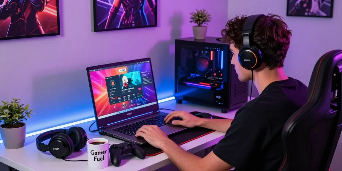 Gaming enthusiast viewing MPOCASH online platform on laptop with vibrant colors.