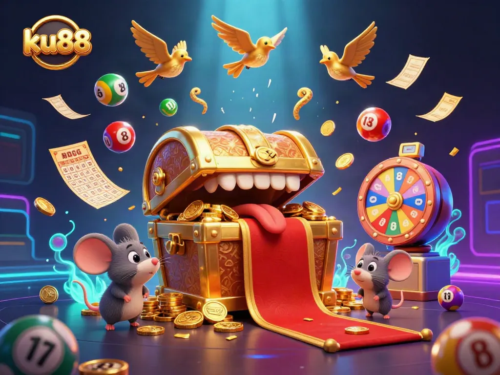 ku88 engages players with a dynamic lottery and casino scene featuring colorful balls and vibrant prizes.