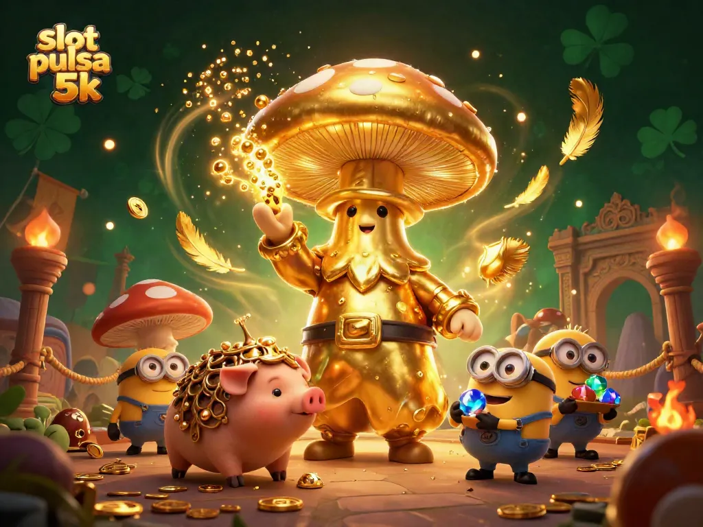 Join the adventure in slot pulsa 5k with a golden wizard and treasure-hunting pig amidst rich casino elements.