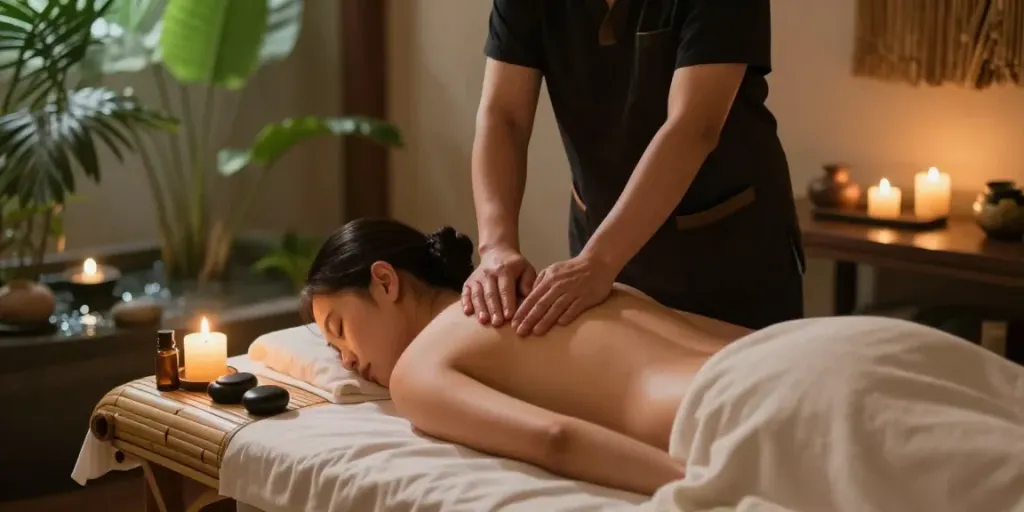 Calming spa scene featuring a professional providing 구리출장마사지 therapy with candles and plants.