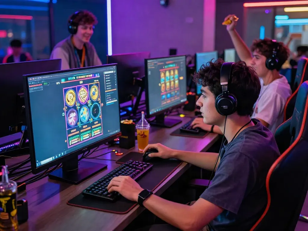 Gamer engaged in slot gacor game in a vibrant, neon-lit lounge.