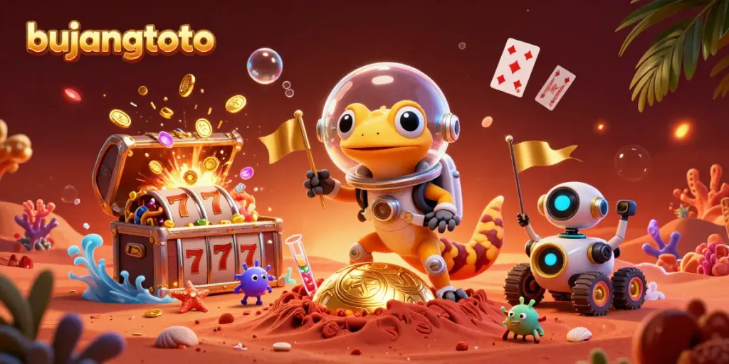 Experience the excitement of bujangtoto with a Martian gecko uncovering a golden casino amid vibrant gaming elements.