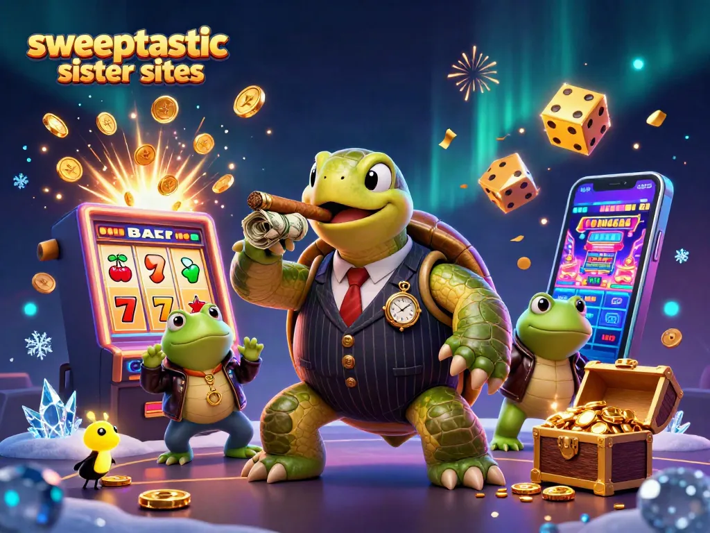 Experience the thrill with Sweeptastic sister sites gameplay, showcased in a vibrant 3D casino scene.