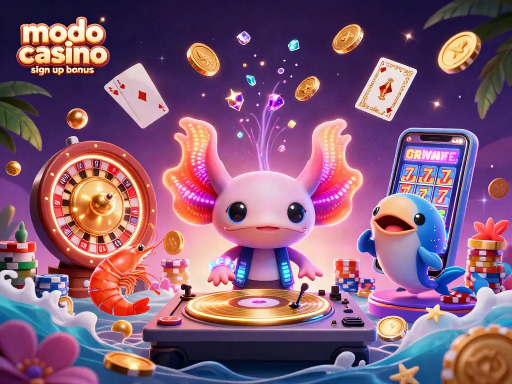 Win with modo casino sign up bonus as a neon axolotl DJ spins golden records among colorful casino elements.