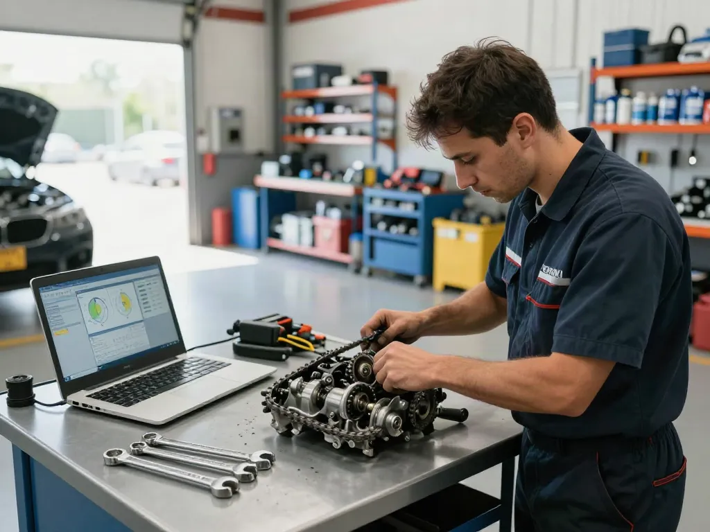 Ein Mechaniker wechselt die Steuerkette eines BMW in Hannover, umgeben von Werkzeugen und einer modernen Werkstatt.