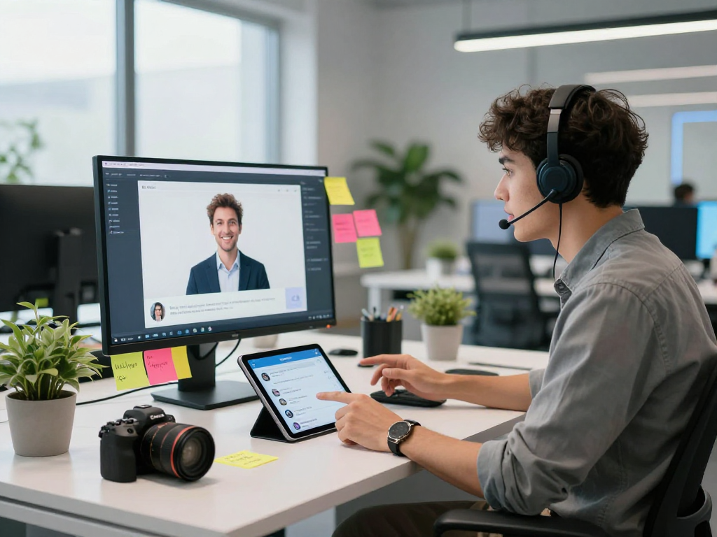 Youthful professional engaging with an AI chat nsfw assistant in a modern workspace filled with tech elements.