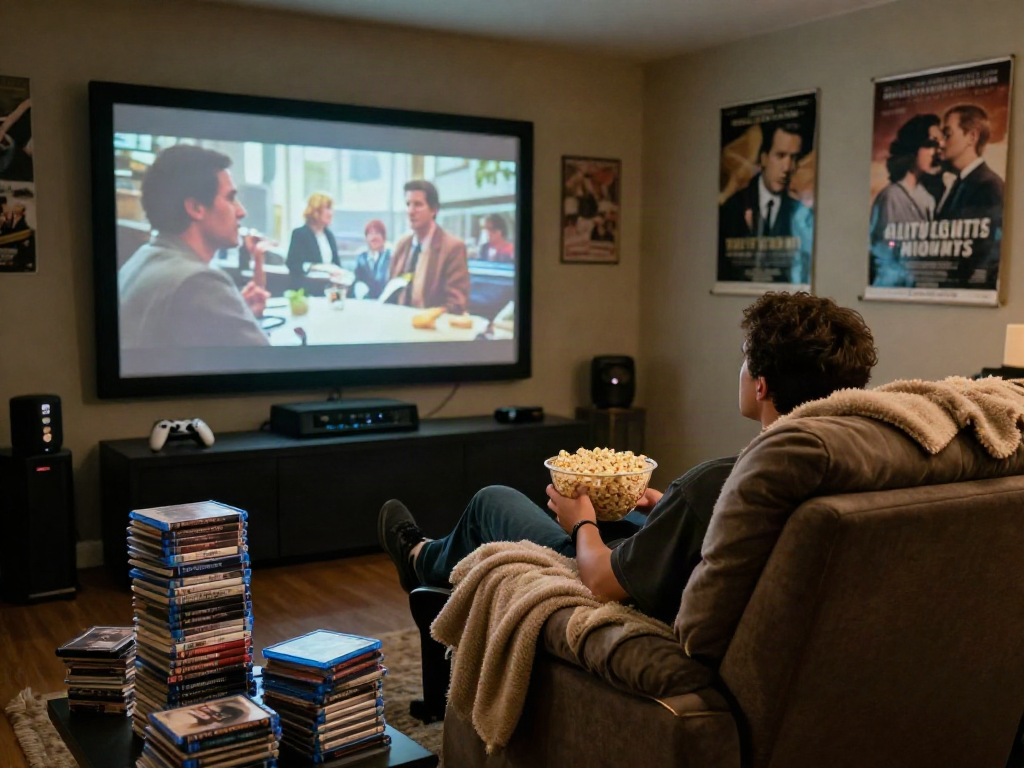 Film enthusiast enjoying a cozy movie night with filmyzilla streaming, surrounded by DVDs and popcorn in a warm home cinema.
