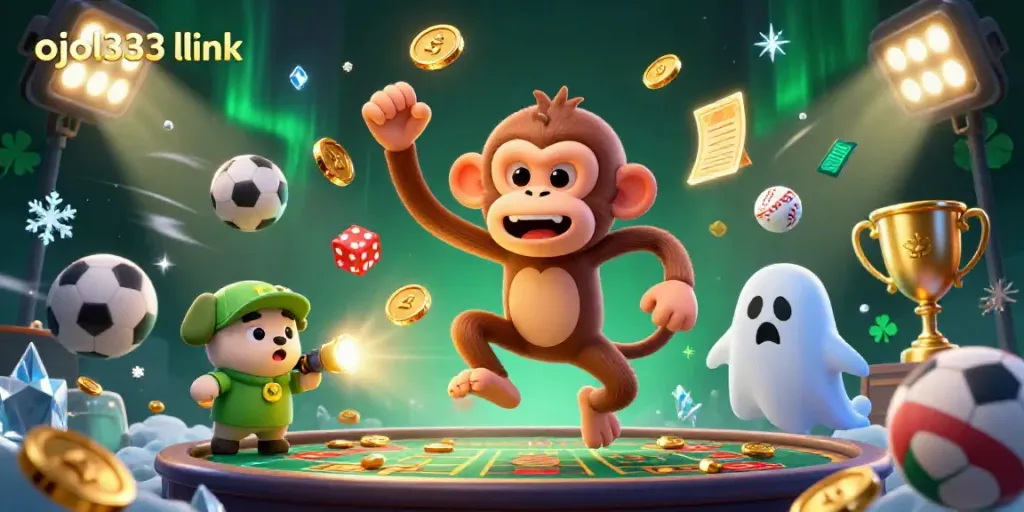 Engage with the dynamic ojol333 link scene featuring a playful monkey and ghost-hunter puppy in a vibrant casino atmosphere.