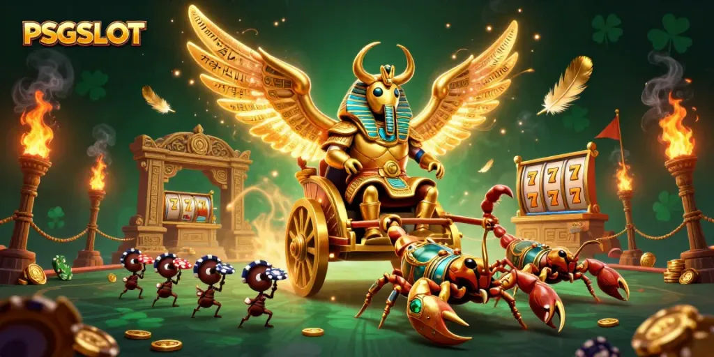 Engage with PSGSLOT excitement, featuring a golden scarab beetle and lavish slot elements.