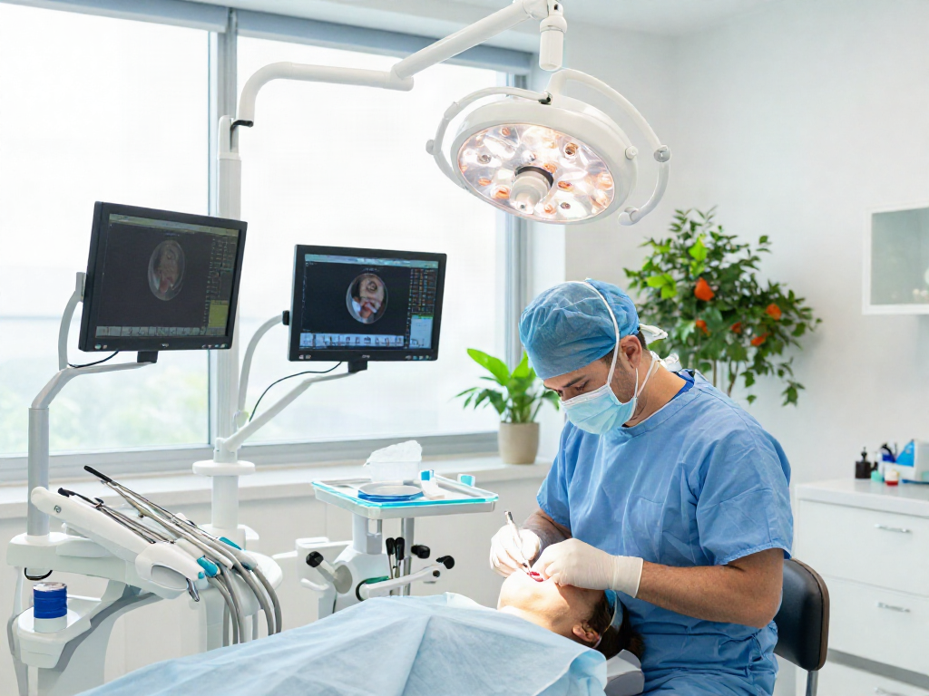 Dr Michaelis, top U.S. oral surgeon, performing dental surgery with advanced equipment.